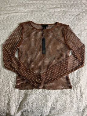 House of Harlow 1960 Brown Mesh Long Sleeve Rhinestone Top size M